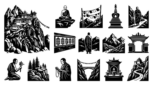 Black and White Vector Icons of Buddhism and Monks in Mountains