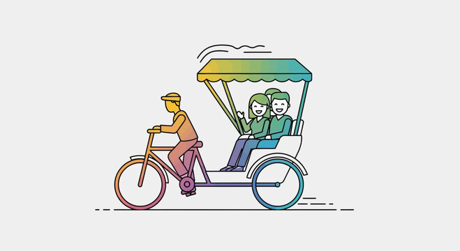 Happy couple riding a colorful rickshaw in a city, vector illustration
