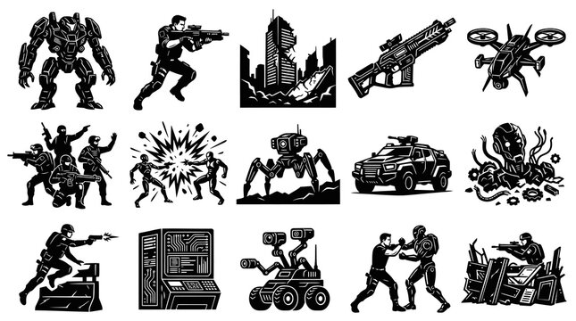 Science Fiction Military Combat Icons - Black  White Vector Glyph Collection