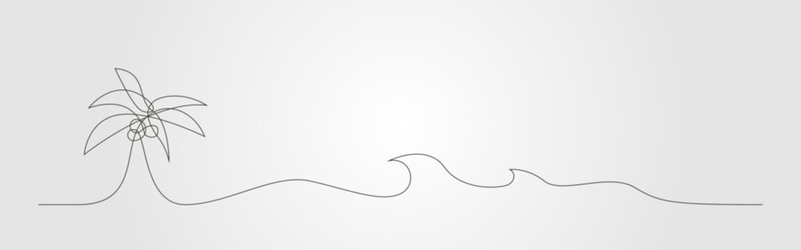 Minimalist continues line art coconut tree drawing of a beach scene.