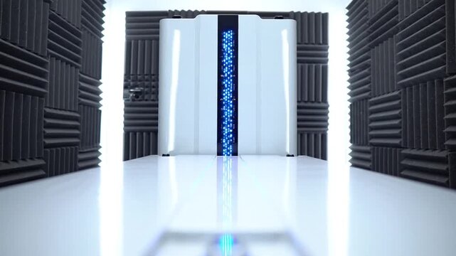 Futuristic server room with blue lights.