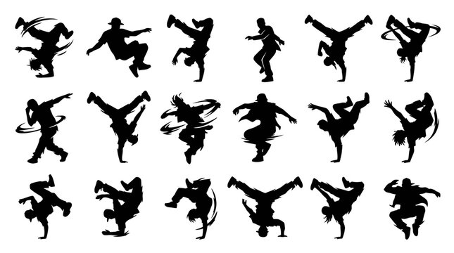 Breakdance Silhouettes: Dynamic B-boy Poses, Hip Hop Dance, Vector Art