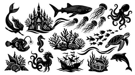 Fototapeta premium Black and White Silhouette Vector Set of Underwater Ocean Animals, Fantasy Creatures Marine Elements