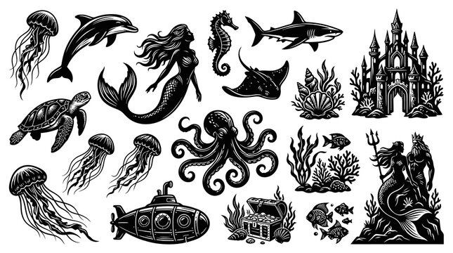 Black and White Underwater Scene Vector Art with Mermaids, Castle, and Sea Creatures