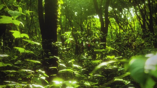 Sunlit Forest Undergrowth with Green Foliage