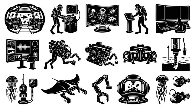 Deep Sea Exploration Black  White Glyph Icons: Marine Technology and Ocean Life