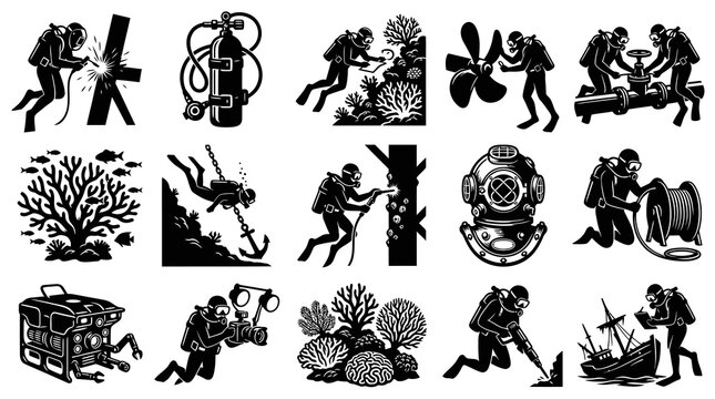 Scuba Diving and Underwater Work Black  White Glyph Vector Icons Set