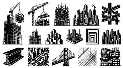 Obraz premium Construction Architecture Engineering Black White Vector Icons Set: Buildings, Cranes Urban Designs
