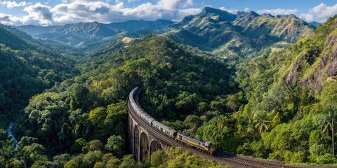 Obraz premium Train crossing a viaduct through a lush, mountainous jungle (1)