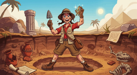 Excited young archaeologist girl unearthing ancient artifacts at a desert dig site. © SAQUEEN
