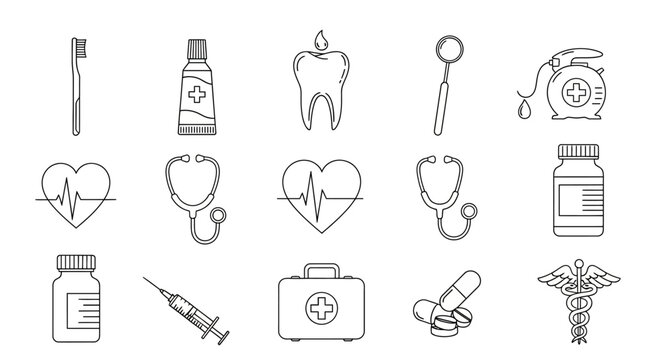 A collection of simple line art medical icons on a white background.