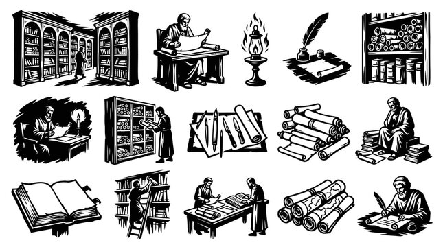 Historical Scribes, Books  Library Scrolls Black  White Engraving Style Knowledge Set