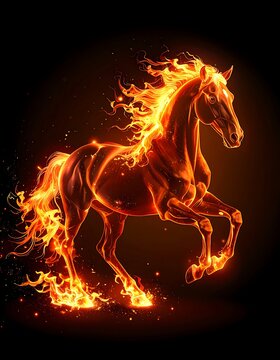 A fiery horse rears up on its hind legs against a dark background