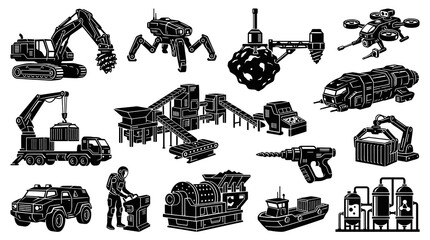 Obraz premium Industrial Mining Logistics Future Tech Machinery Black White Glyph Icons