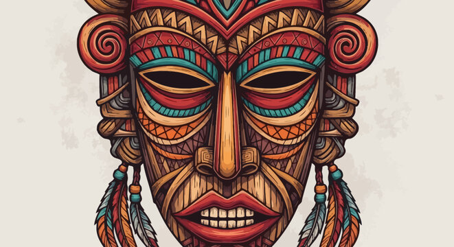 Vibrant tribal mask illustration with intricate patterns and colorful feathers.