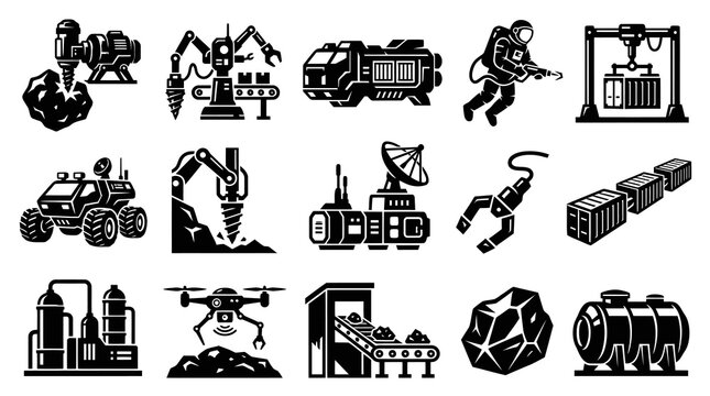 Future Space Mining Technology Icons Set - Black White Solid Glyphs Collection