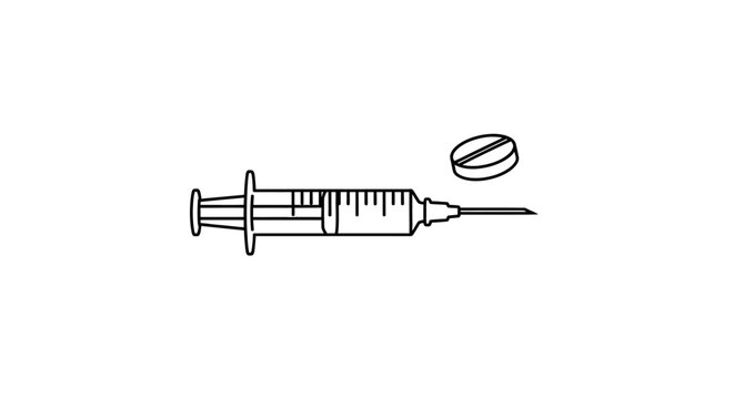 A simple line drawing of a syringe and a pill on a white background.