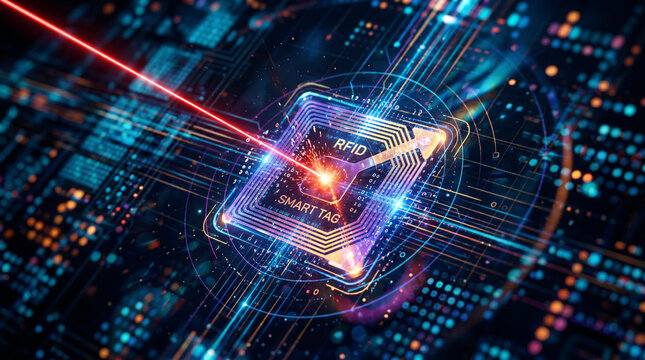 Futuristic RFID smart tag chip scanned by red laser for data tracking