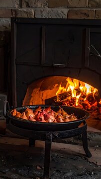 A fire burns brightly in a stone oven