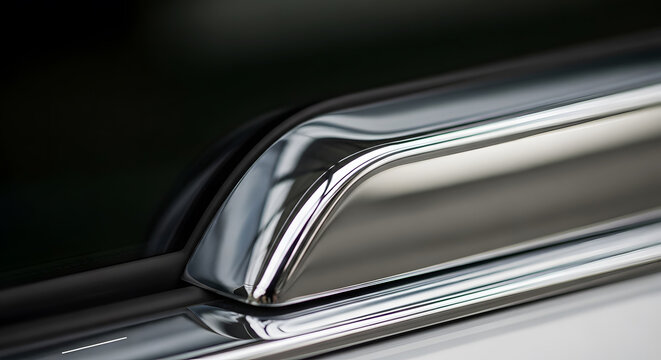 Detailed close-up of a polished chrome car window molding reflecting the surroundings