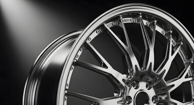 Close-up of a futuristic floating 3D chrome wheel rim with a complex spoke design on a dark background