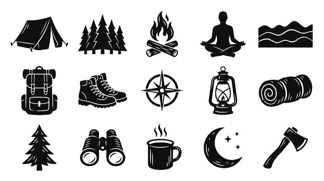 Black Glyph Outdoor Adventure Icons Set: Camping, Hiking  Nature Exploration Symbols