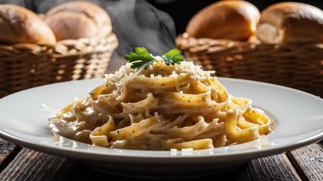 Delicious Creamy Fettuccine Alfredo Steaming Hot with Fresh Parsley and Parmesan Cheese for Restaurant Menus and Culinary Advertising.