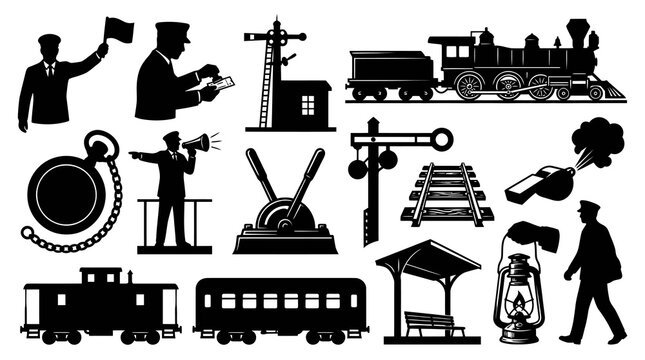 Railroad Train Transportation Glyphs Silhouette Icons Set