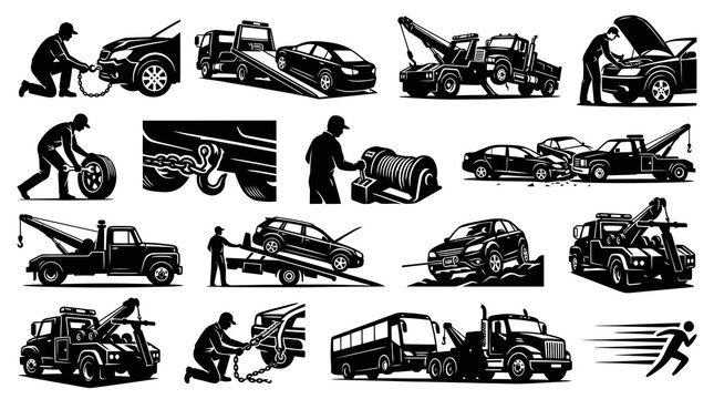 Black and White Tow Truck and Car Towing Service Icons
