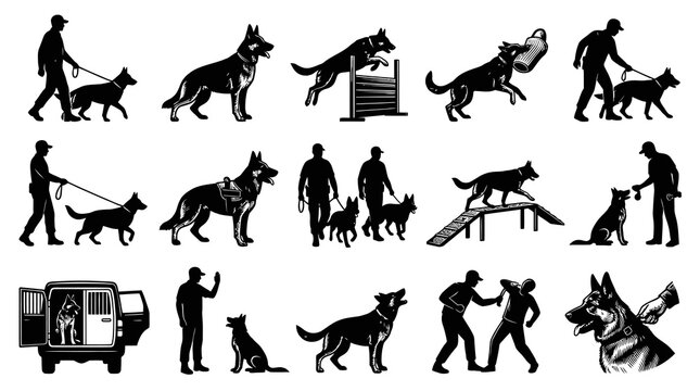 K9 Unit and Dog Training German Shepherd Monochromatic Vector Illustrations