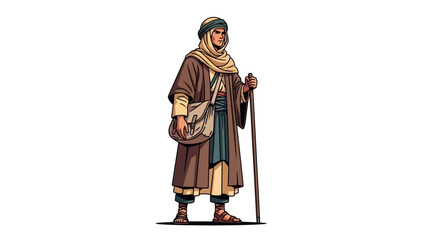 A desert traveler in traditional clothing with a bag and walking stick stands confidently. © SAQUEEN