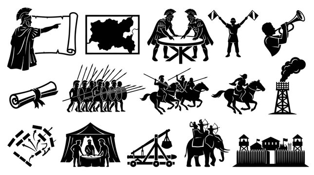 Ancient Roman Military Scene Icons, Black and White Glyph Style