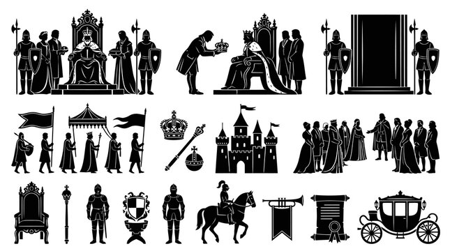 Medieval Royalty Icon Set: Black and White Silhouette Glyphs of Kings, Knights  Castles