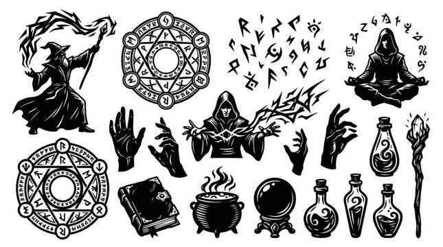 Vintage Black  White Magic and Occult Fantasy Elements Illustration Set