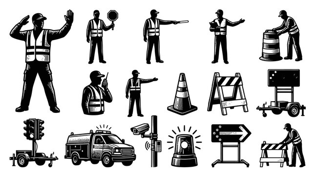 Black and White Engraving Style Construction and Traffic Management Workers Equipment Icons Set