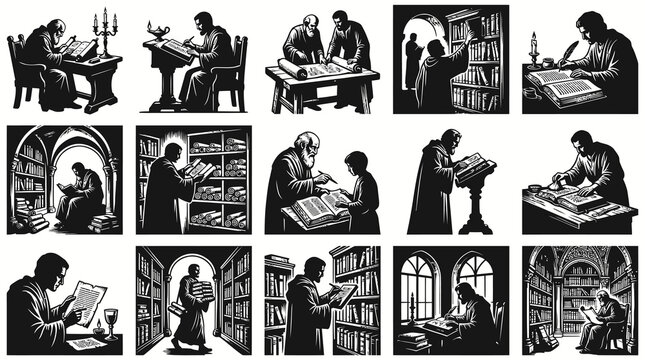 Black and White Monks Reading Books in Library Stock Art