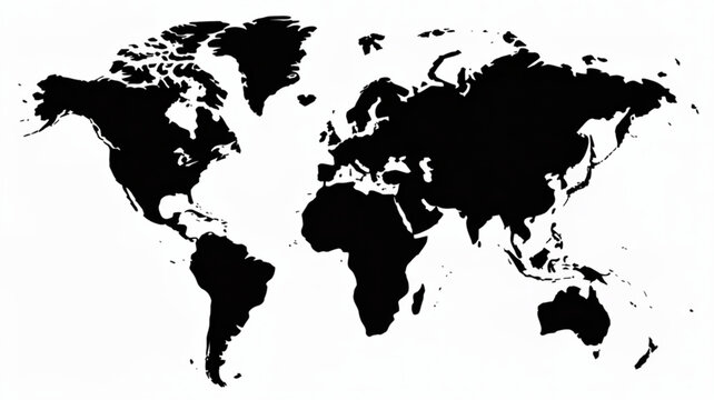 Black world map, global geography, continent illustration, vector silhouette