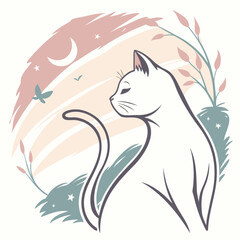 Cat enjoys serene night with crescent moon and stars. © cu