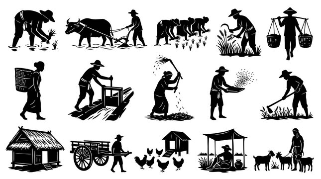 Traditional Asian Agriculture Silhouettes: Farmers, Animals, and Tools Glyph Set