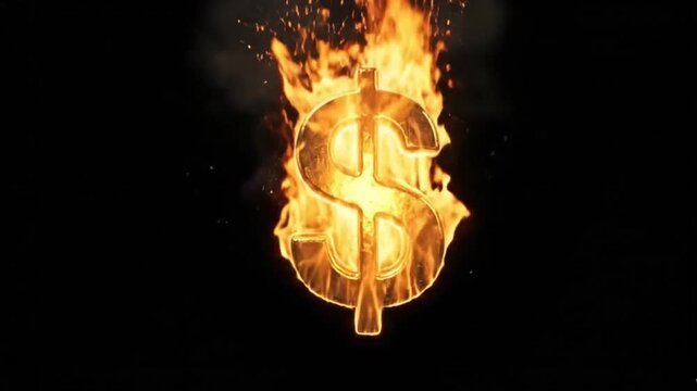 The symbol of a burning dollar sign represents financial crisis, economic stress, and the fleeting nature of wealth.