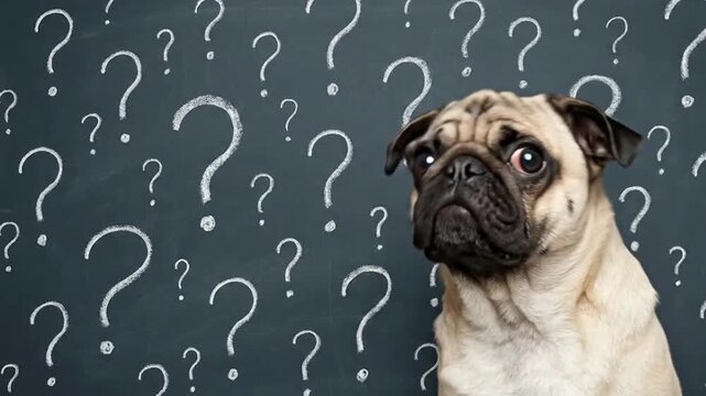 Confused Pug: A curious pug, its expressive eyes filled with a mixture of wonder and bewilderment, poses before a chalkboard adorned with question marks.
