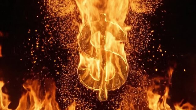 The symbol of the burning dollar sign represents financial destruction and the ephemeral nature of wealth.