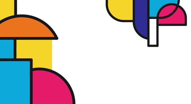 Abstract composition with vibrant geometric shapes on a white background.