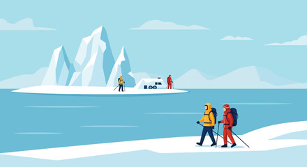 Polar expedition team exploring an arctic landscape with icebergs and a base camp © SAQUEEN