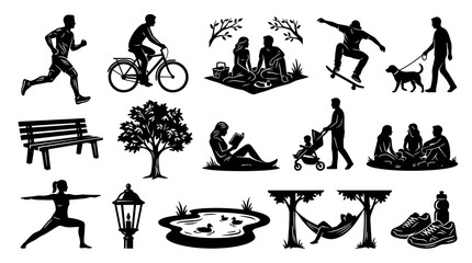 Naklejka premium Outdoor Recreation Park Activities Black White Silhouette Vector Icons