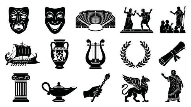Ancient Greek Symbols Icons Set - Black and White Glyph Vector Art