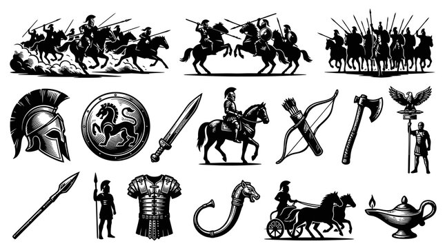 Ancient Roman Greek Military Warfare Black  White Line Art Vector Icons Set