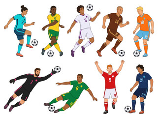 Fototapeta premium Dynamic Illustration of Soccer Players Performing Various Actions on the Field