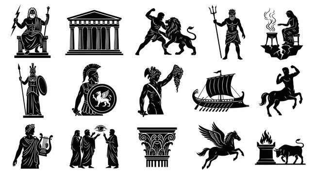 Ancient Greek Mythology Black  White Silhouette Glyphs Vector Icon Set