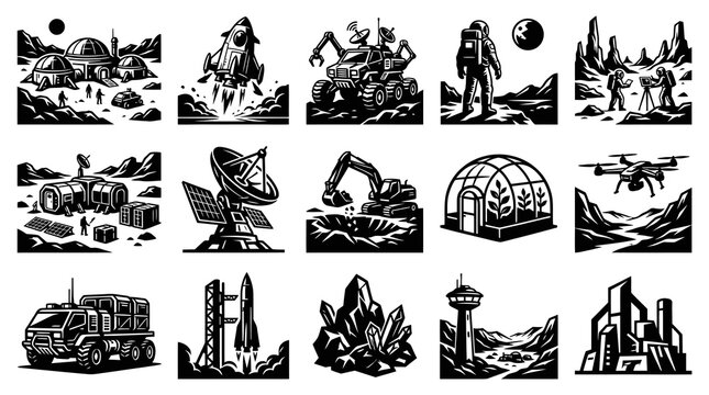 Futuristic Space Exploration Technology Black  White Glyph Icons